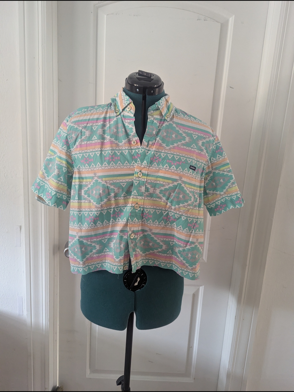 Cropped Pastel Aztec Button-Up Shirt